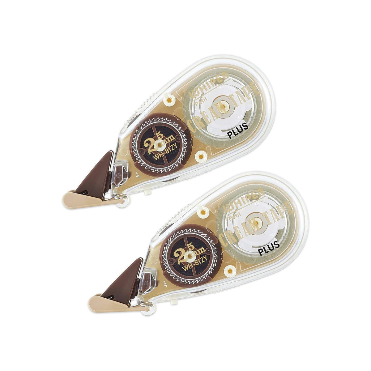 Two correction tape dispensers with clear plastic housings, gold-toned internal mechanisms, and dark brown ribbon spools labeled '25 Meters' and 'PLUS'.