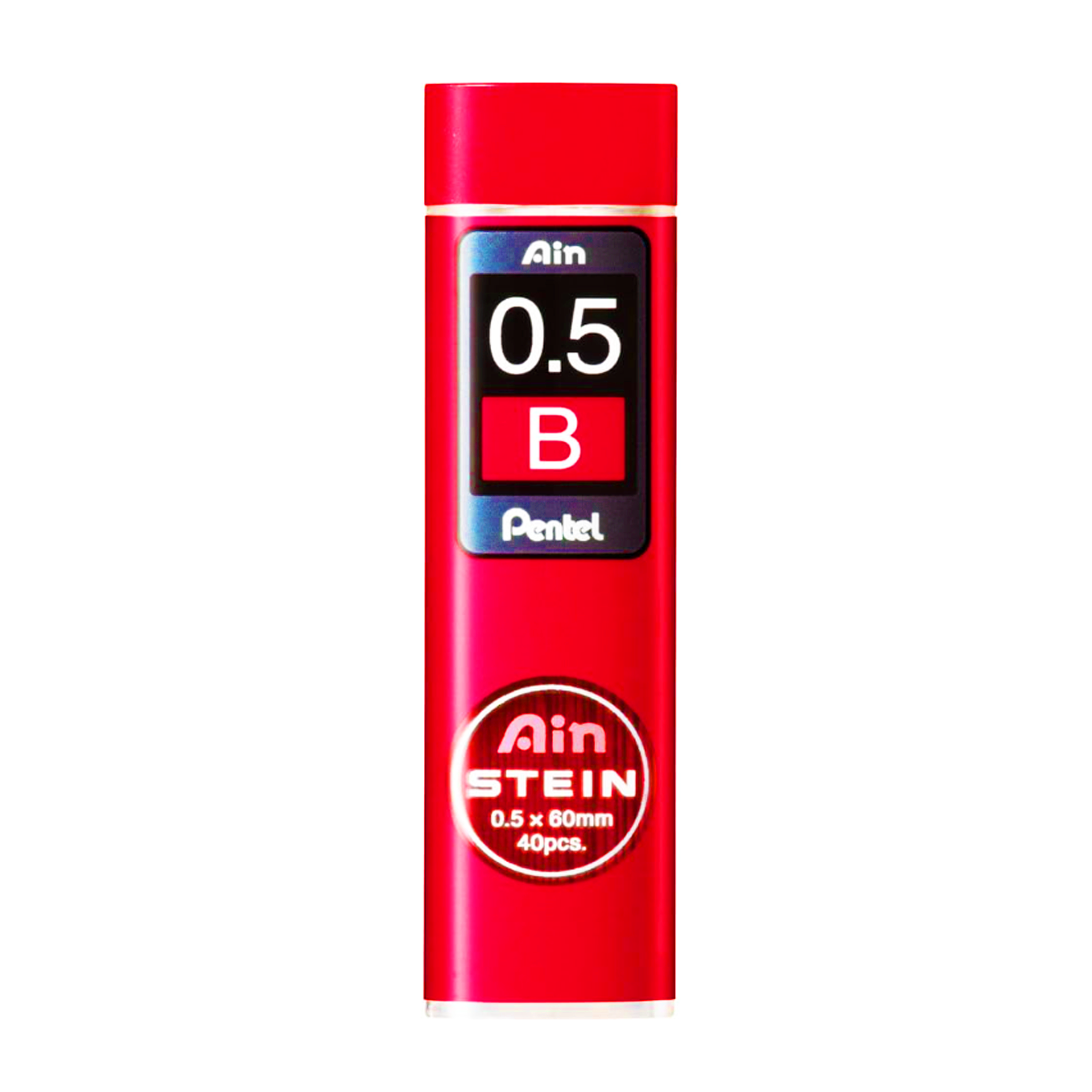 A red tube of Pentel Ain Stein mechanical pencil refills, labeled 0.5mm B pencil lead, with a total of 40 pieces included.