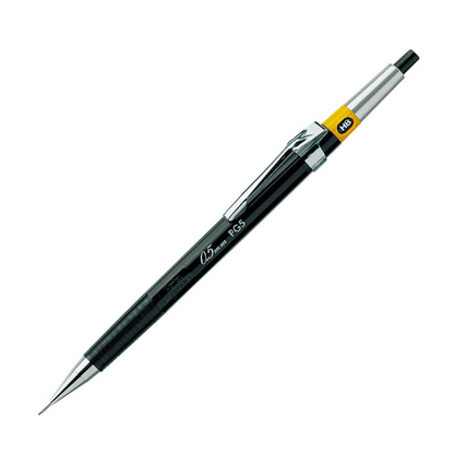 A Pentel PG5 Slim Mechanical Drafting Pencil with a black body, silver accents, and a yellow lead indicator.