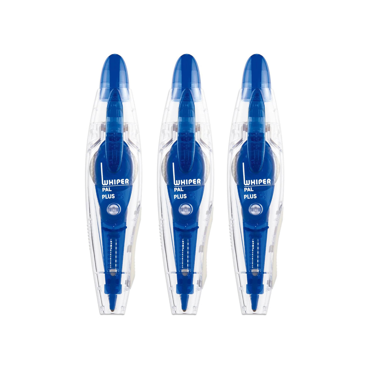 Three blue and clear plastic correction tape dispensers labeled 'WHIPER PAL PLUS' arranged side by side on a white background.