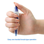 A hand holding a blue and clear pen-style device against a white background, with the text 'Easy one-handed knock-type operation' below.