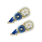 Two correction tape dispensers with blue and gold accents, clear plastic housings, and beige clips on a white background.