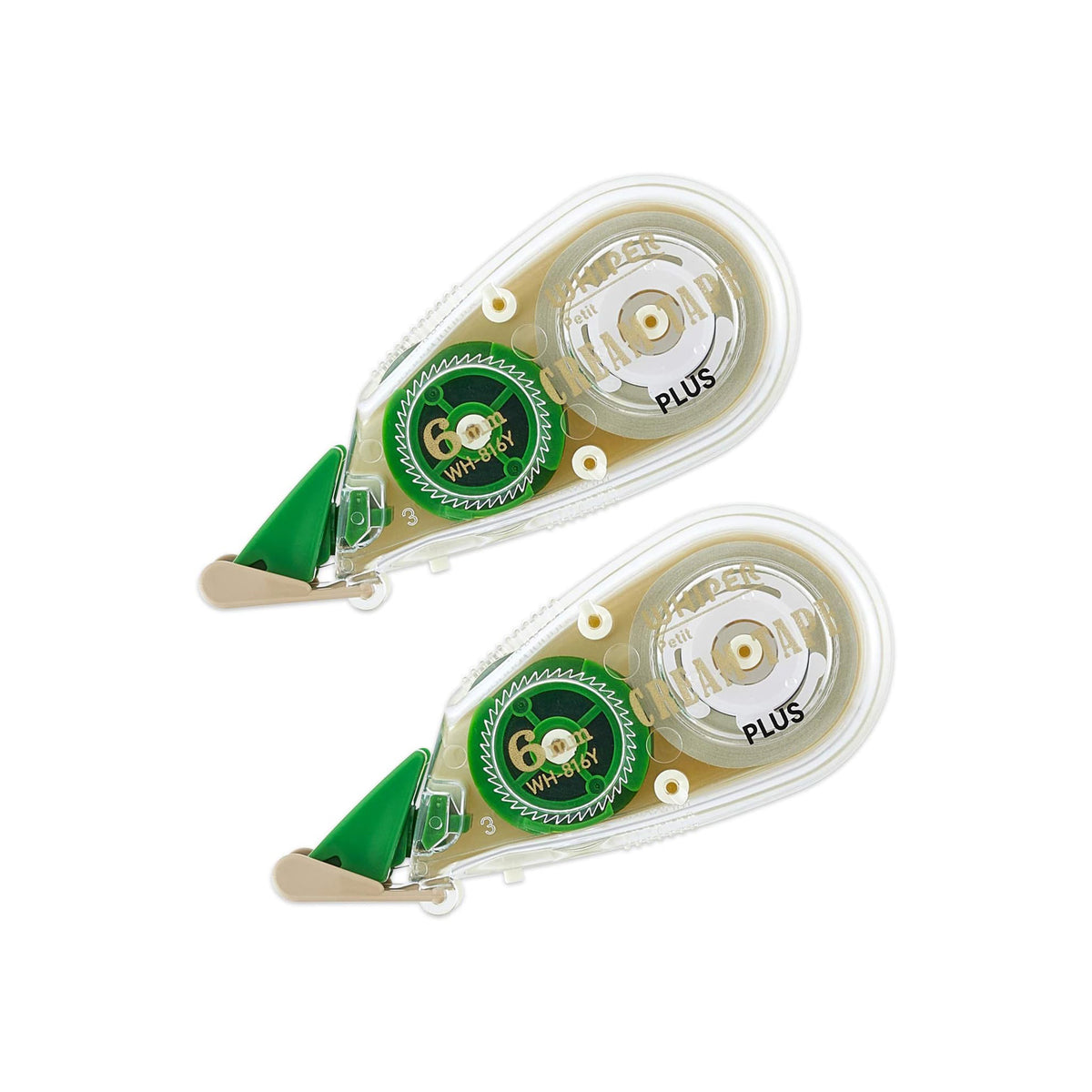 Two 60mm white eraser correction tape dispensers with green and white reels, shown on a plain white background.
