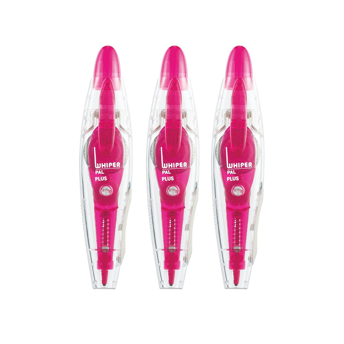 Three pink and clear Uhiper ML Plus correction tape dispensers arranged side by side on a white background.