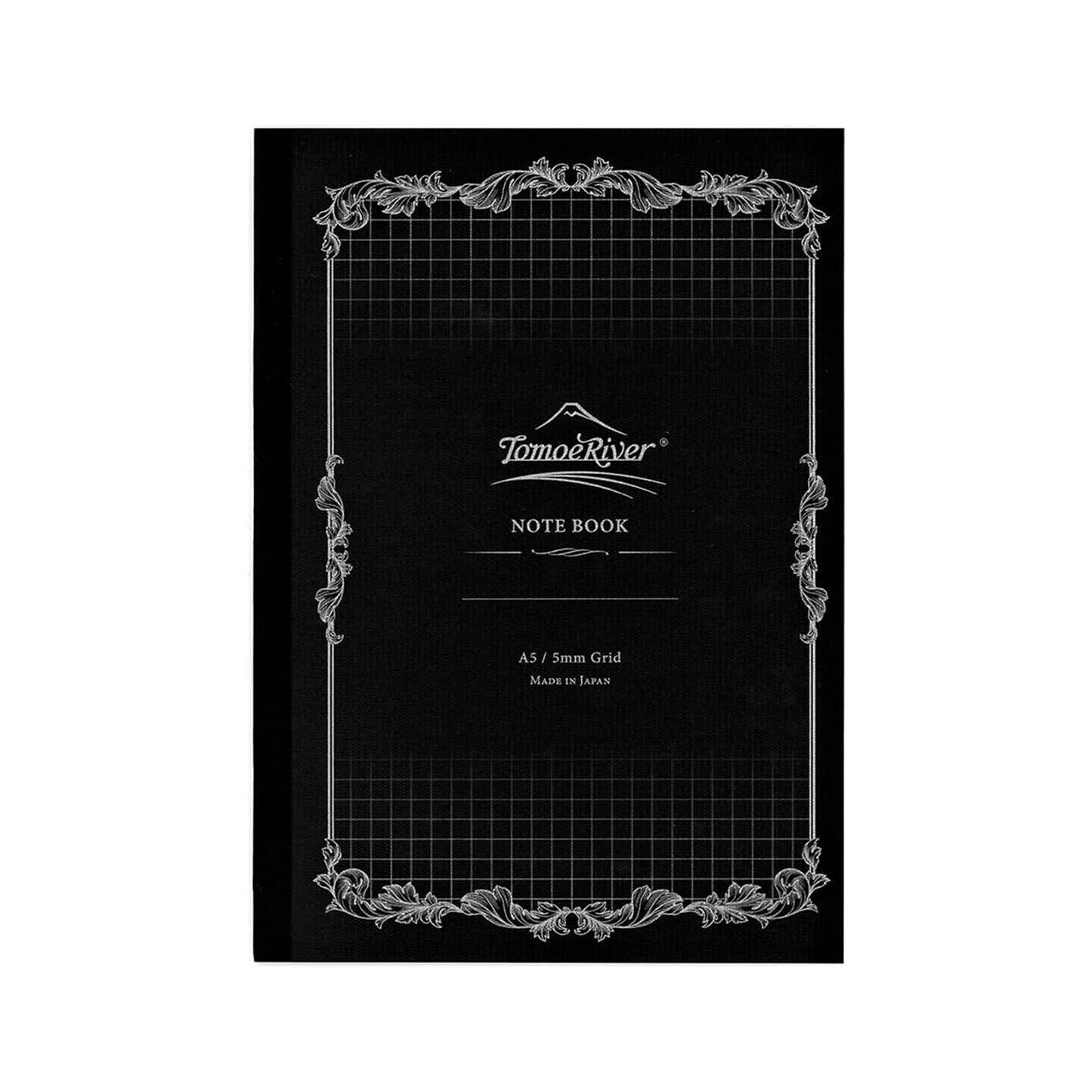 Black notebook with grid design and Tamoe River branding on a white background