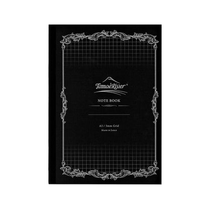 Black notebook with grid design and Tamoe River branding on a white background