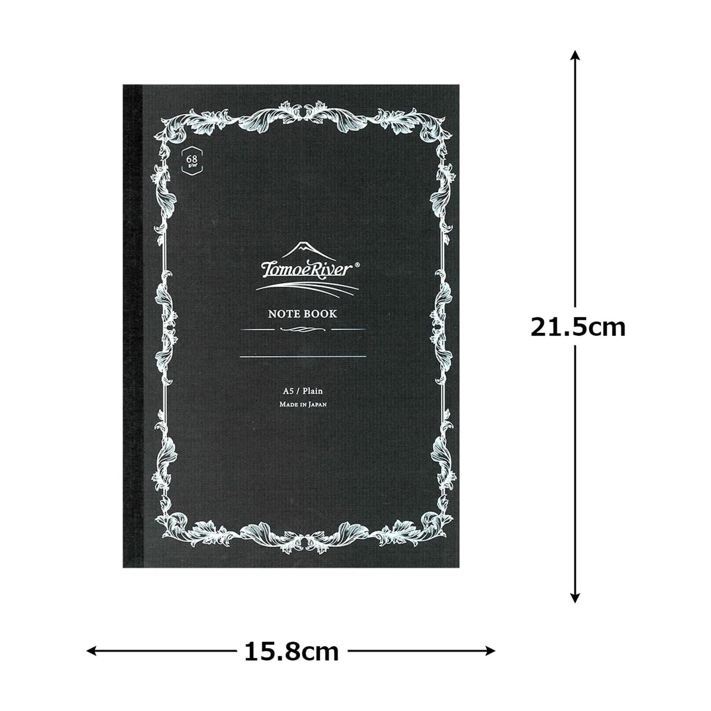 Black notebook with decorative border and measurements on a white background