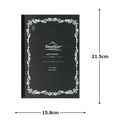 Black notebook with decorative border and measurements on a white background