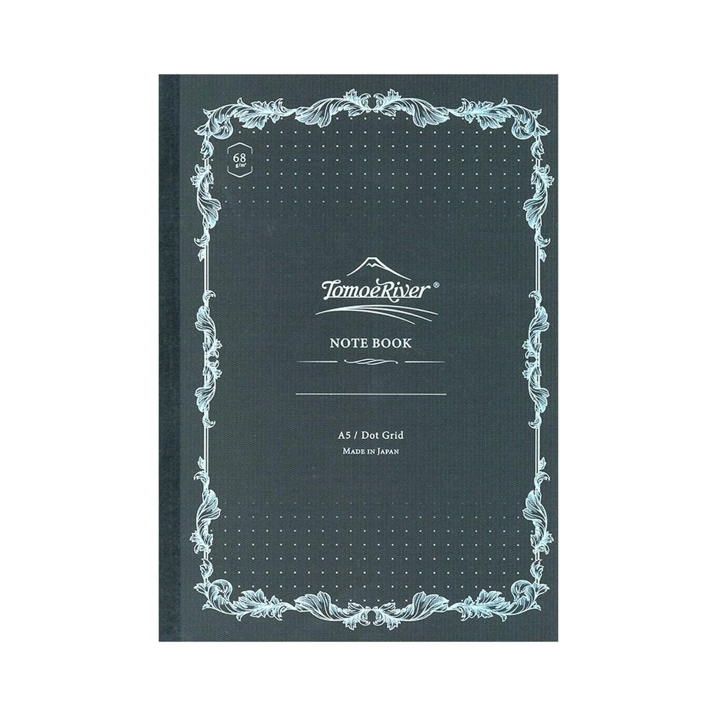 Black notebook with decorative border and 'Tomoe River' branding on a white background