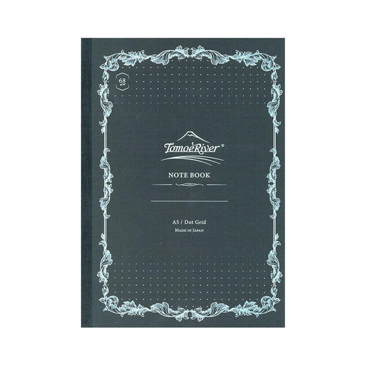 Black notebook with decorative border and 'Tomoe River' branding on a white background