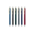 Set of six pens with different colored barrels on a white background
