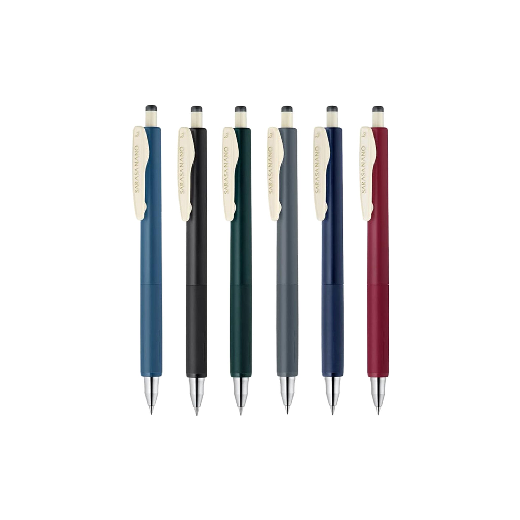 Set of six pens with different colored barrels on a white background
