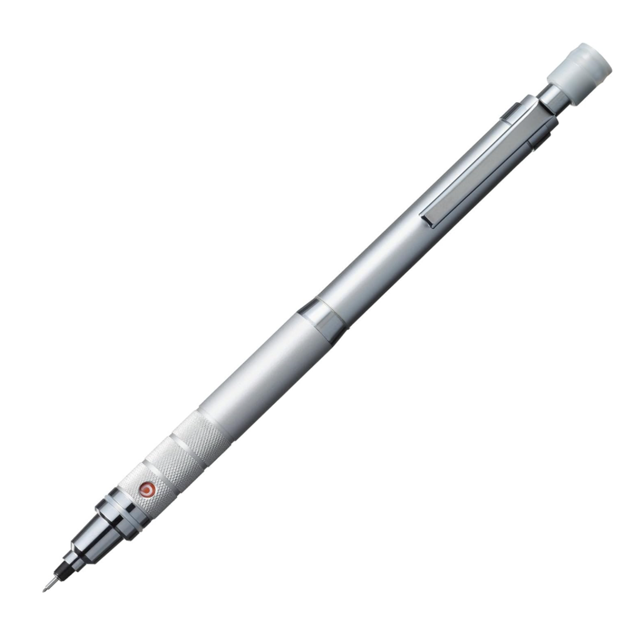 A silver Mitsubishi Pencil Uni Ball Kuru Toga Roulette mechanical pencil with a 0.5mm tip.