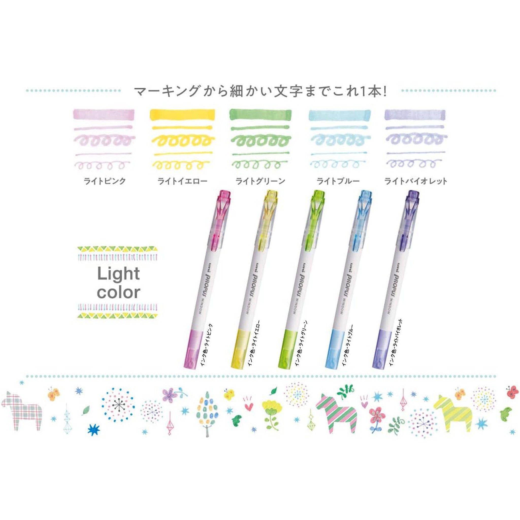Set of light-colored markers with color swatches and text on a white background