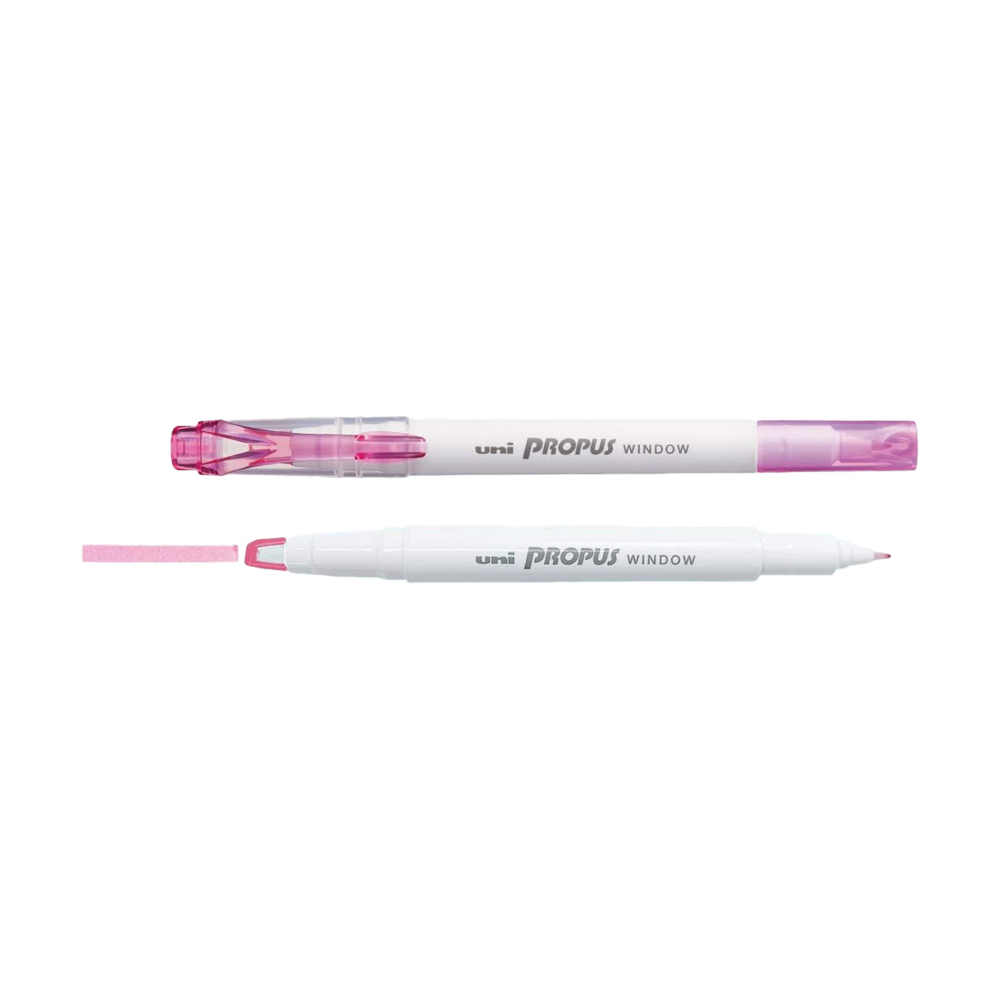 Two pink markers with white bodies on a white background