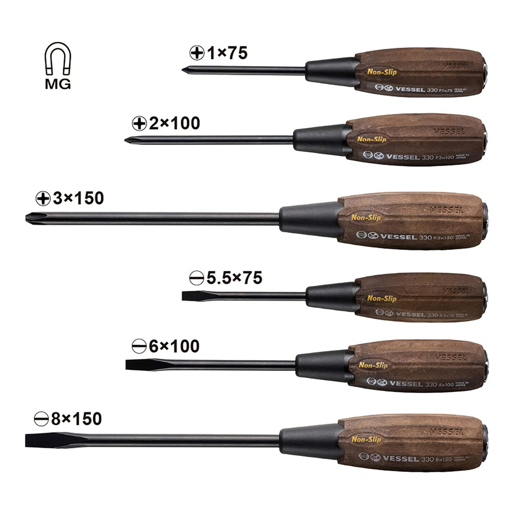 VESSEL Woody Penetrating Screwdriver Set – 6 Piece Boxed Set (336PS)