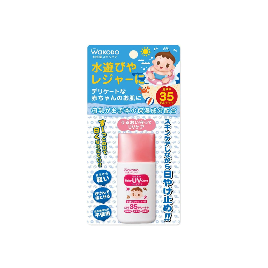 Packaging of Wakodo SPF-35 Mil-Fuwa Baby UV Care, showing the product bottle, brand logo, and illustrations of babies under the sun.