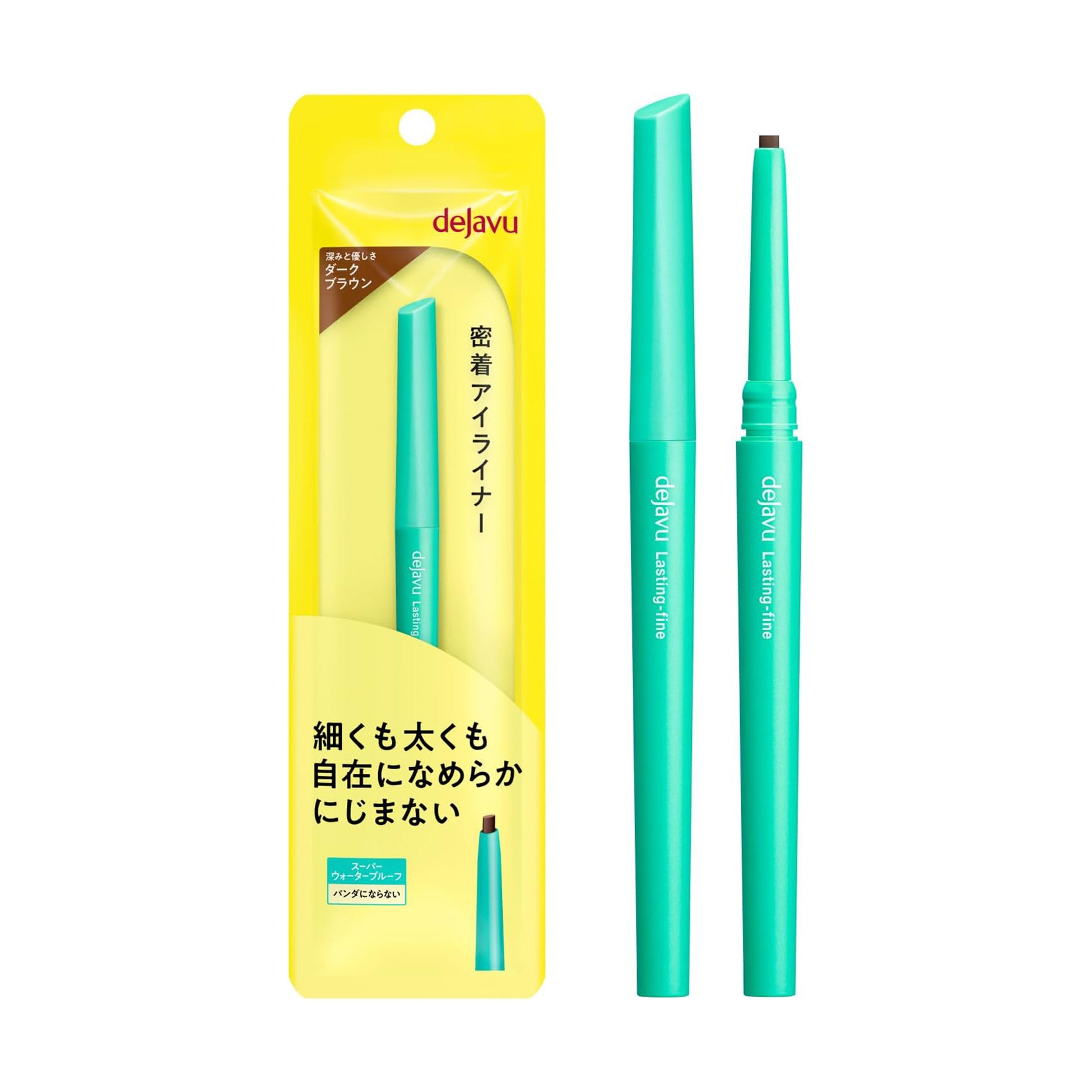 Teal eyeliner pen with yellow packaging featuring 'delavau' branding on a white background.