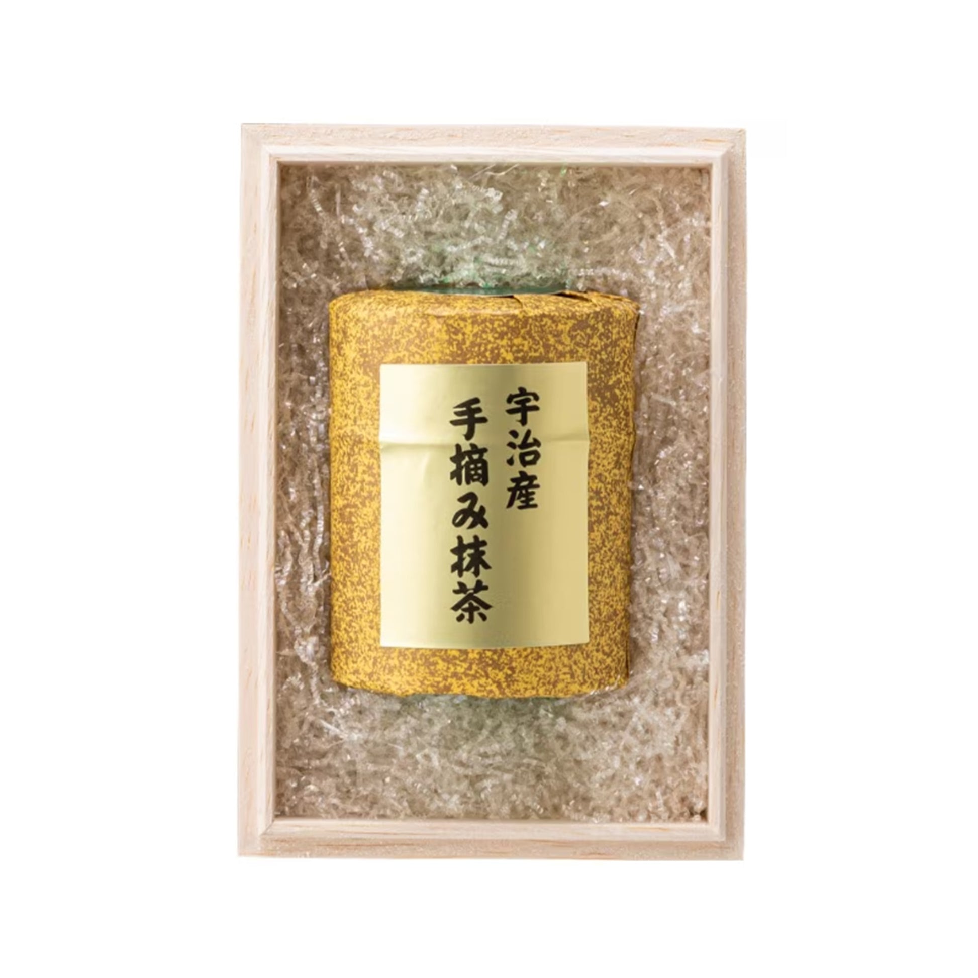 Gold cylindrical product with a label in a decorative box on a white background