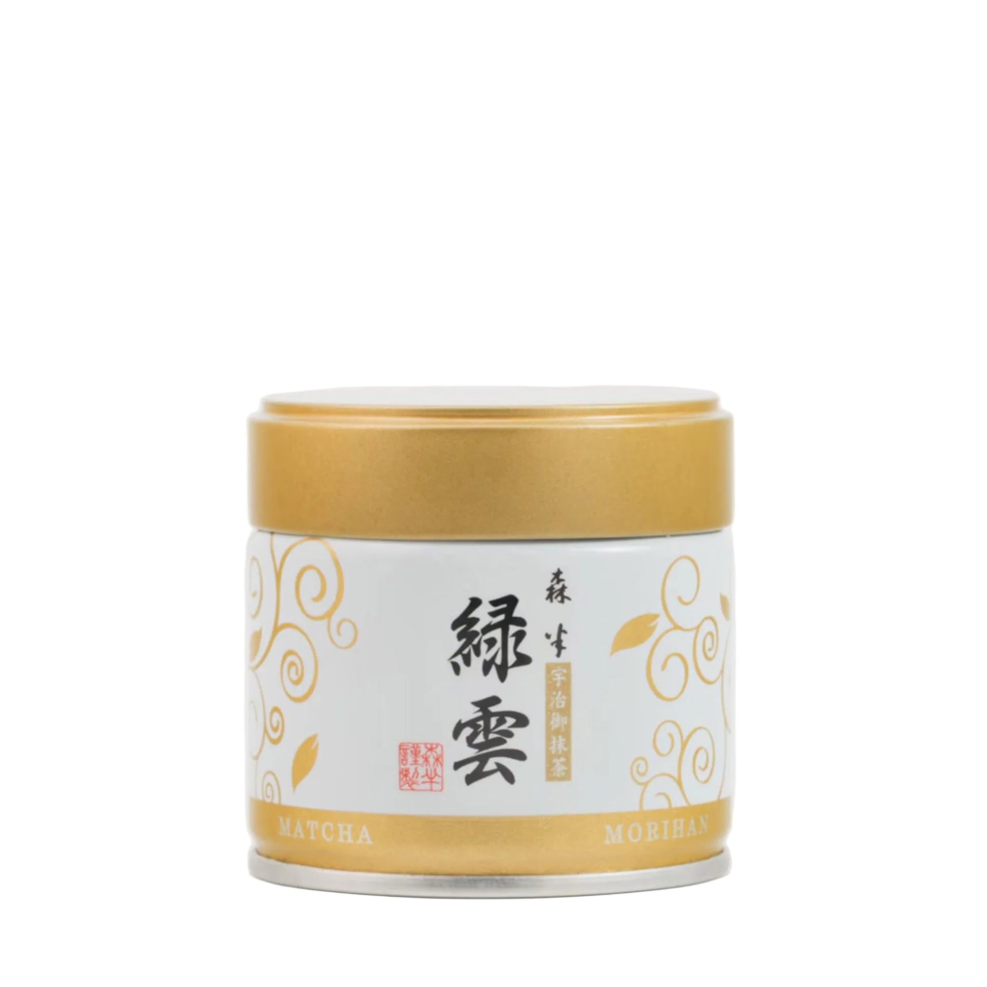 Matcha green tea canister with gold and white design on a white background