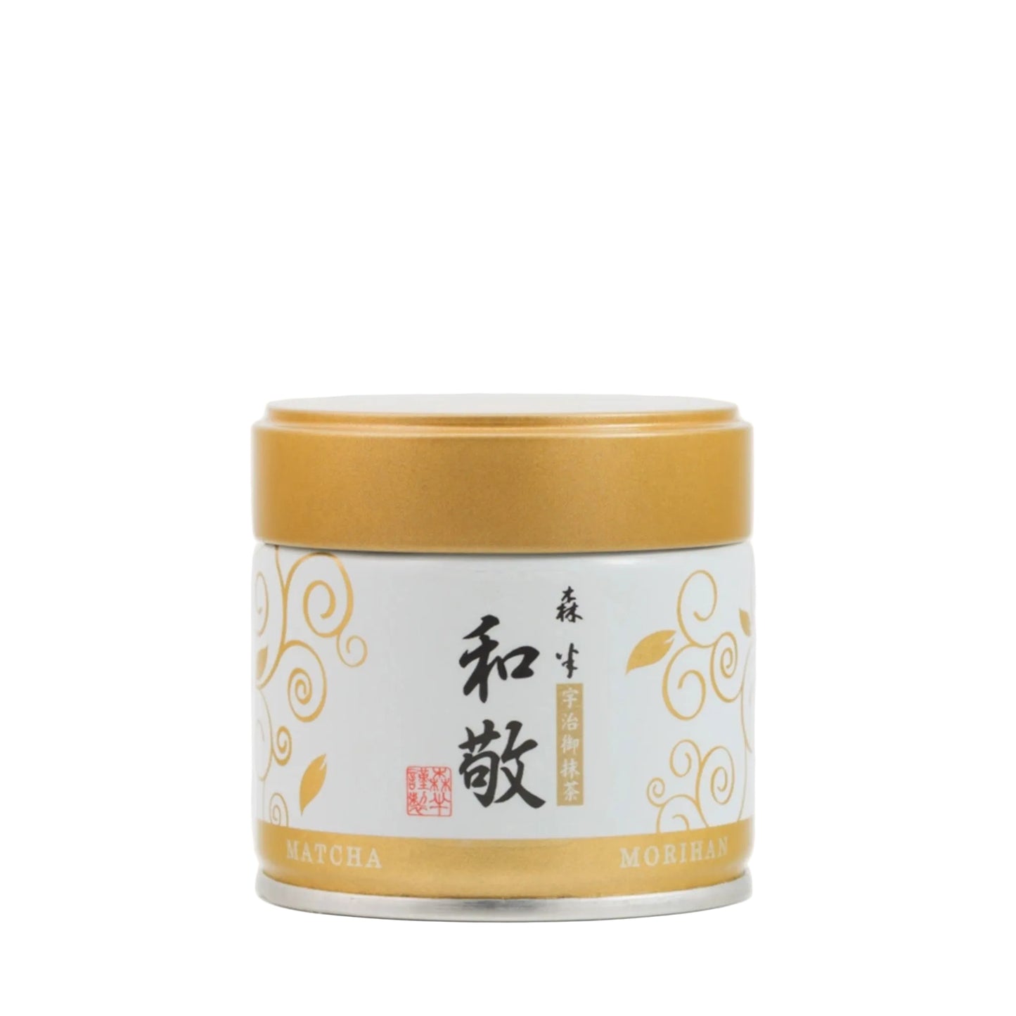 Matcha tea canister with gold lid on a white background