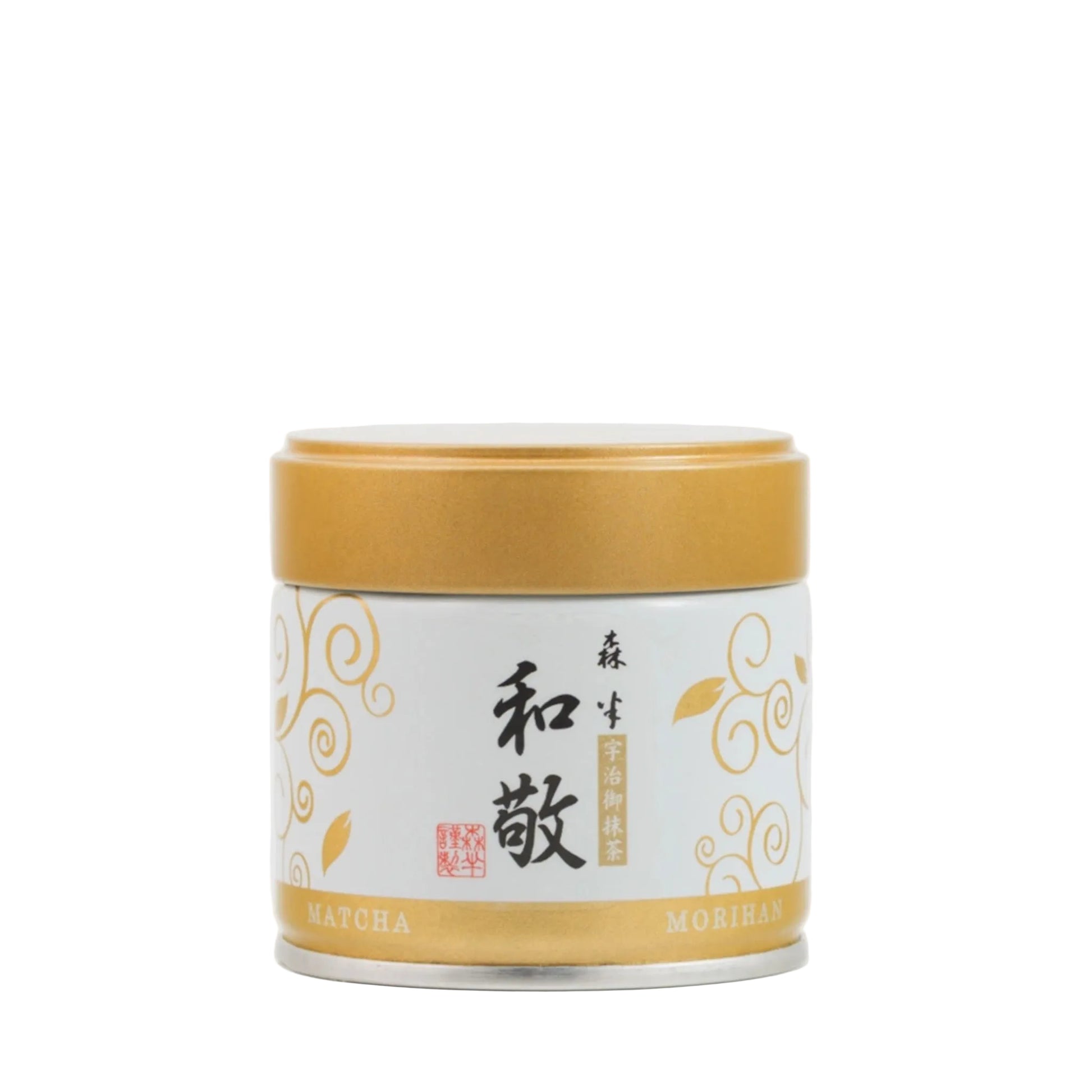 Matcha tea canister with gold lid on a white background